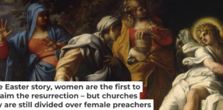 ‘Holy Women at Christ’s Tomb,’ by 16th-century painter Annibale Carracci, shows an angel explaining that Jesus has risen. Hermitage Museum via Wikimedia Commons